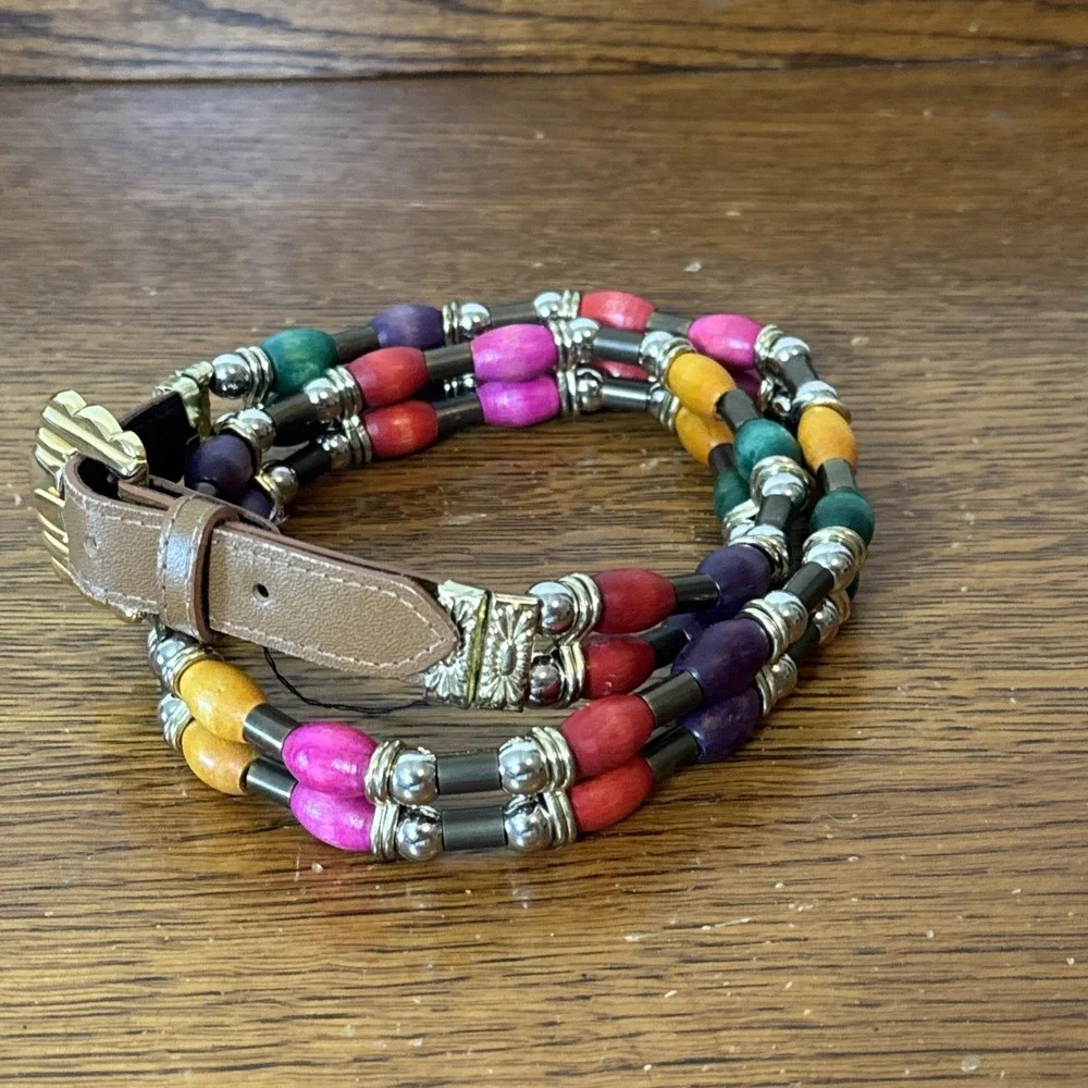 Vintage Beaded Belt Multicolor Wood Beads 2 Strand Gold Buckle 35.5